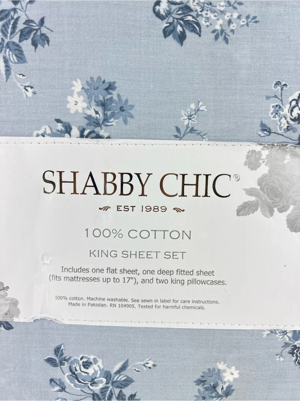 Shabby Chic King Sheet Set Blue White Floral Roses Soft 100% Cotton 4 Pc NEW